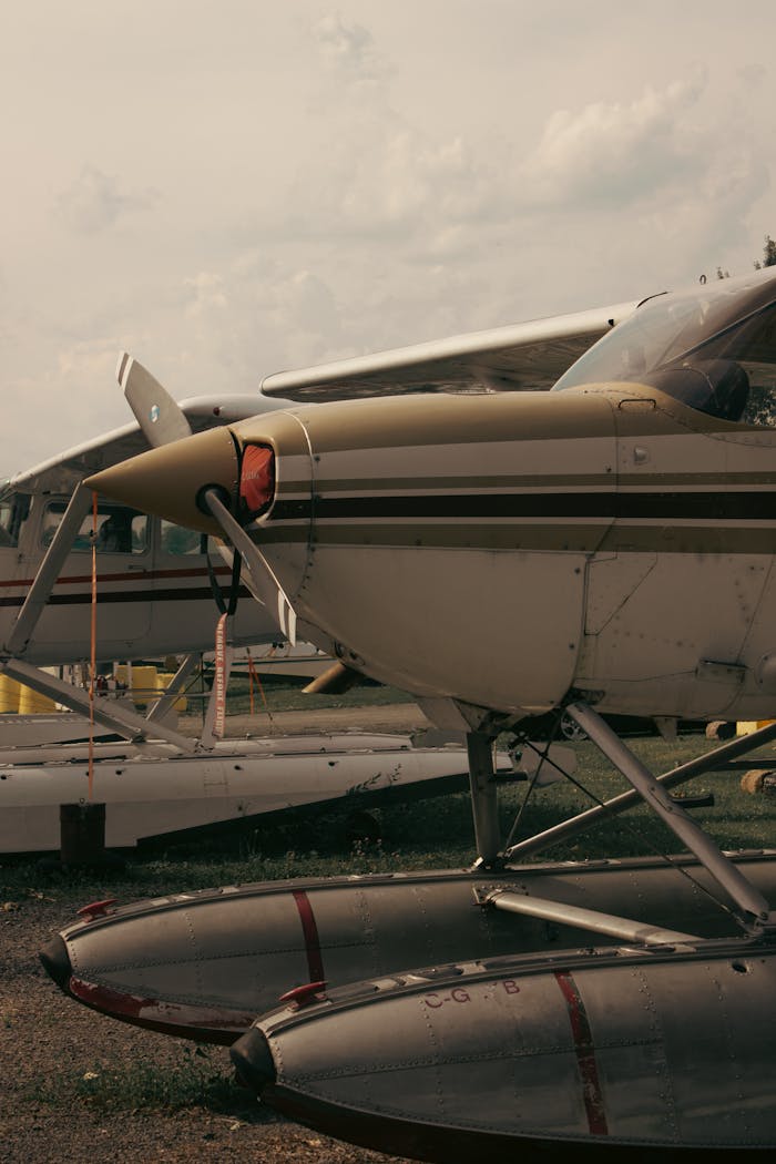 Classic floatplane on ground at Montreal airfield. Ideal for aviation enthusiasts.